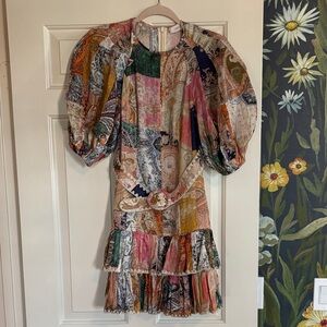 Zimmermann Multicolor Patchwork Paisley Puff-Sleeve Mini Dress